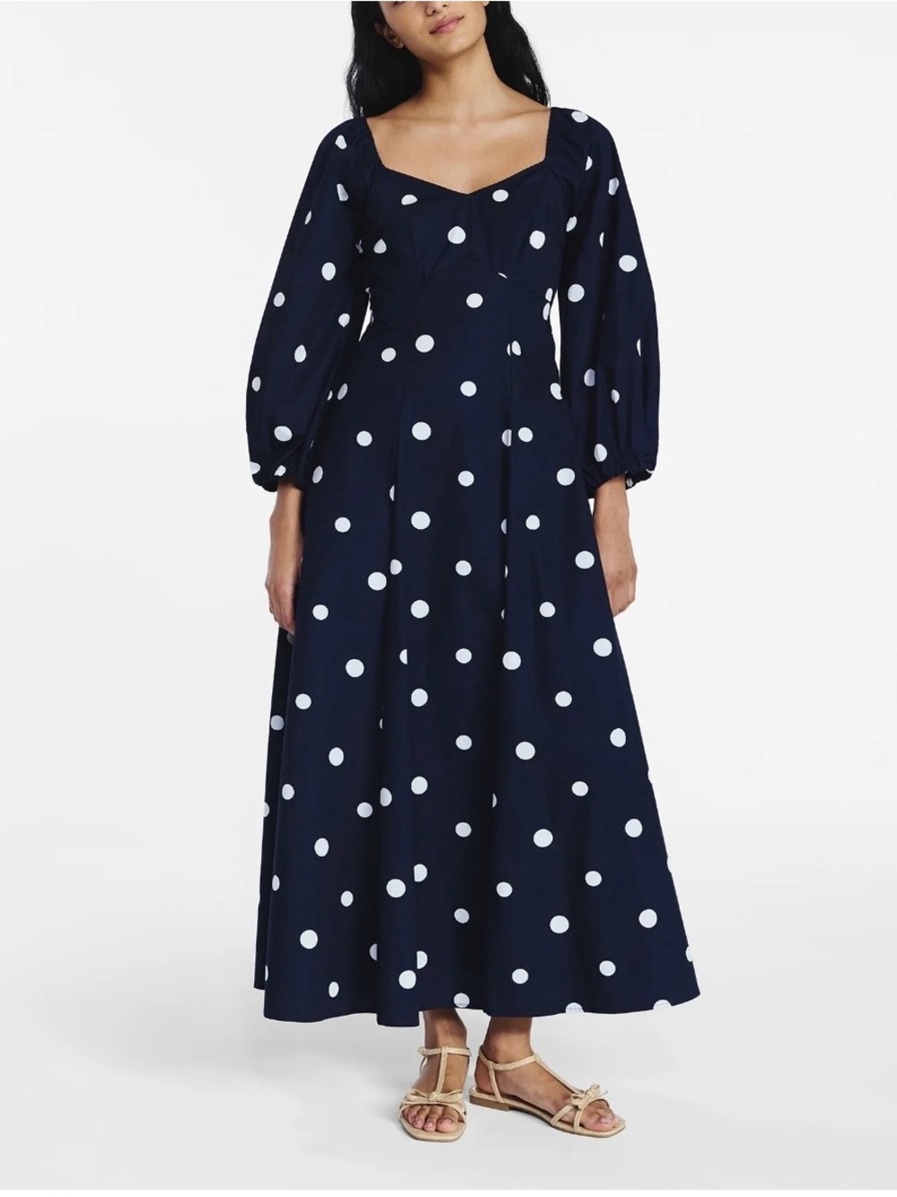 Navy Polka Dot Maxi Dress with Puff Sleeves